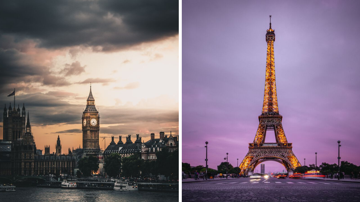 Big Ben à Londres (Royaume-Uni), Droite : Tour Eiffel à Paris (France)