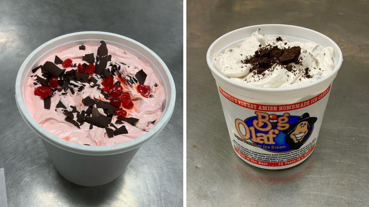 Big Olaf ice cream. Right: Big Olaf ice cream with their logo on the cup.