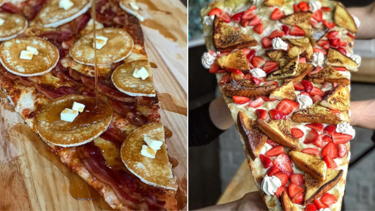 Big slice of pizza with bacon, pancakes and maple syrup on it. Right: Big slice of pizza with French toast, strawberries and whipped cream on it.