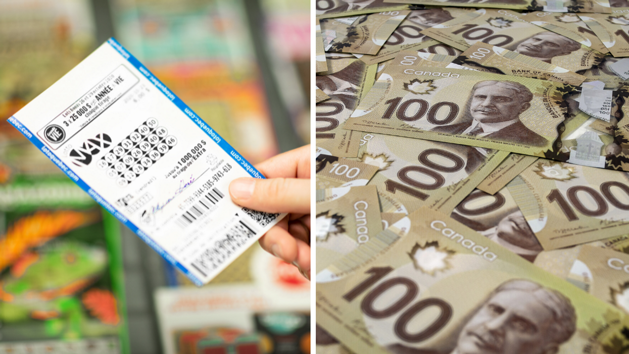 Billet de la Lotto Max. Droite : Billets de 100 $ canadiens.