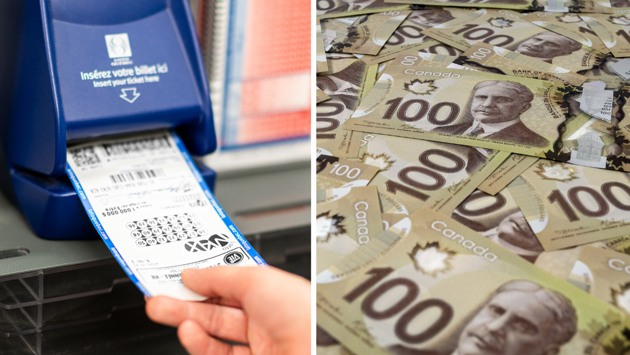 Billet du Lotto Max. Droite : Des billets de 100 $ en argent canadien.
