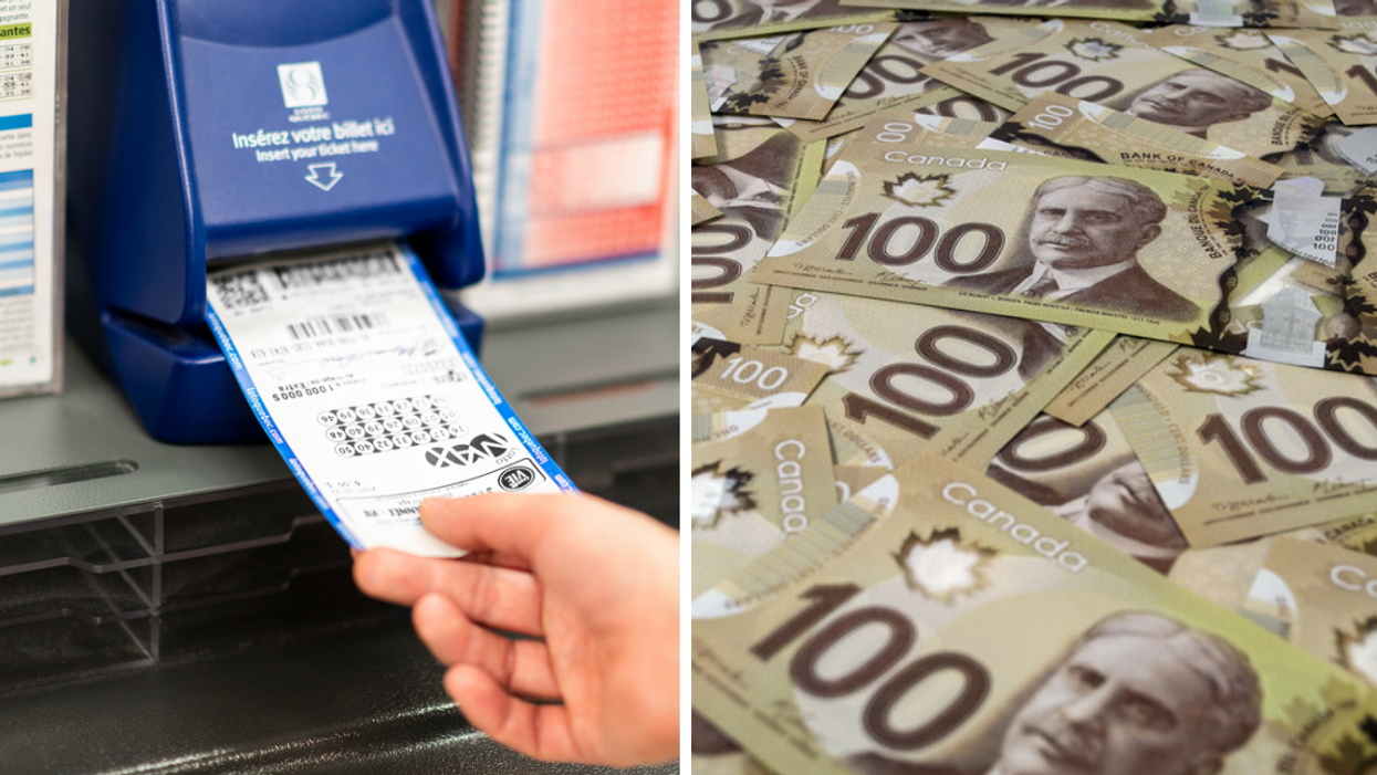 Billet du Lotto Max en insertion dans une machine. Droite : Billet de cent dollars canadien.