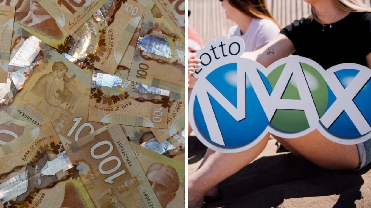 Billets de 100$ canadiens. Droite : Lotto Max.