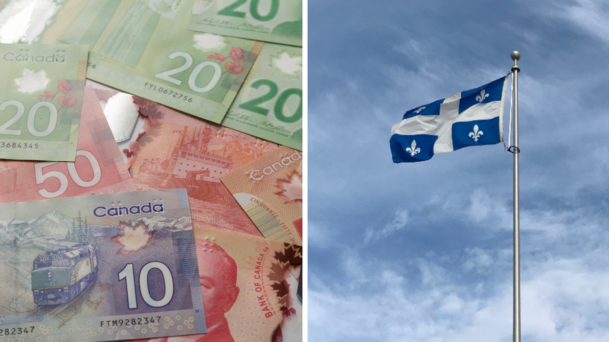 Billets de différentes valeurs d'argent canadien. Droite : Drapeau du Québec monté sur un mât.