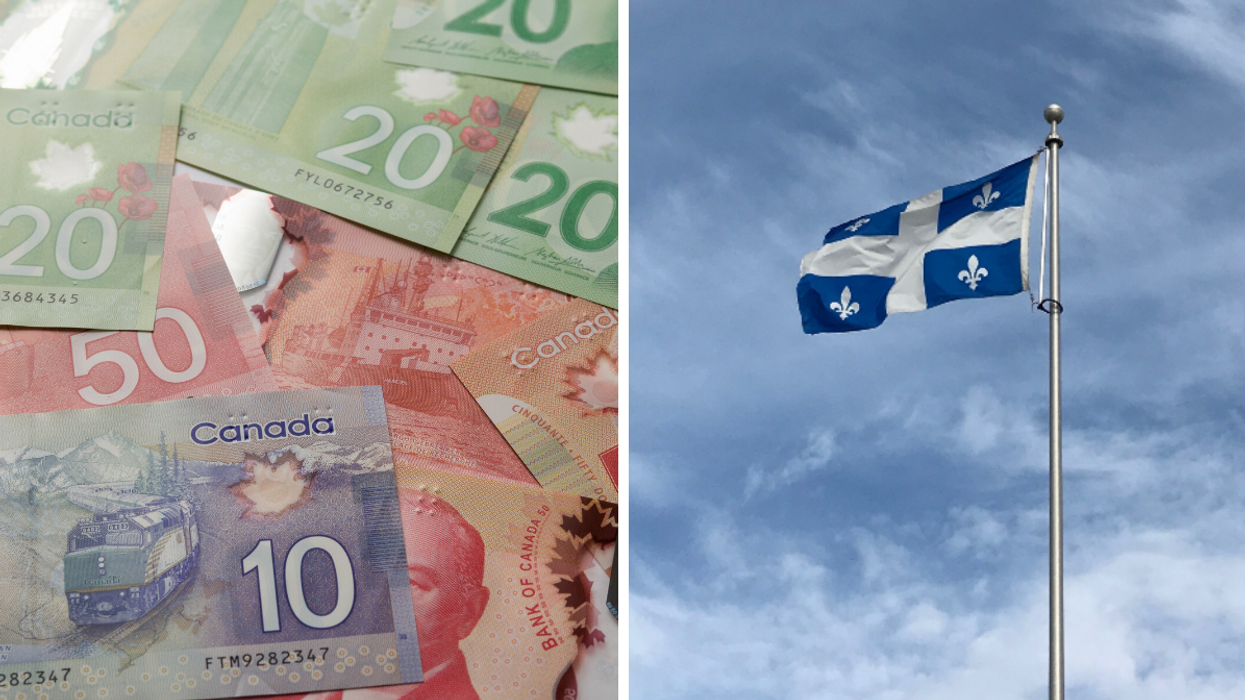 Billets de différentes valeurs d'argent canadien. Droite : Drapeau du Québec monté sur un mât.