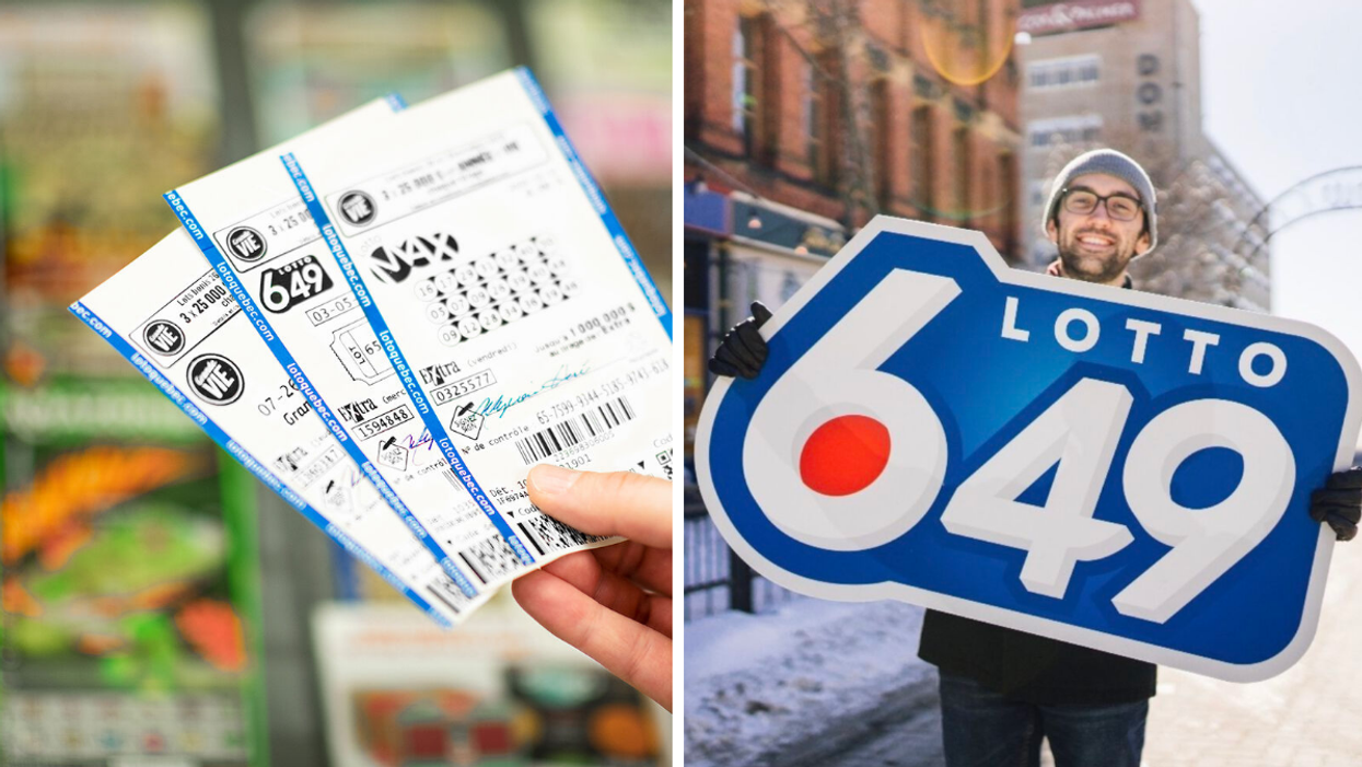 Billets de loto. Droite : Homme qui tient un signe de 6/49.