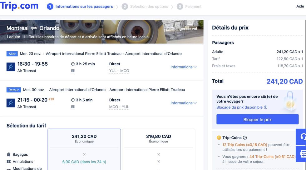 Billets disponibles pour un aller-retour Montr\u00e9al-Orlando.