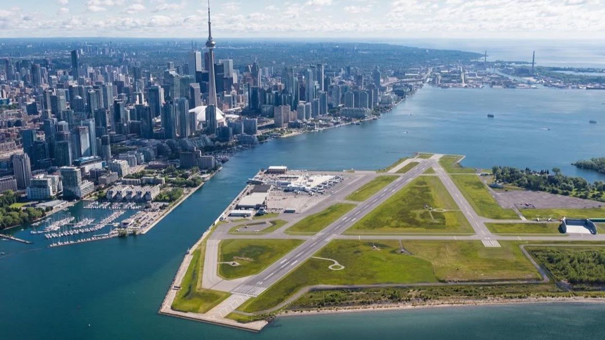 Billy Bishop Toronto Airport on Centre Island with the city of Toronto in the background.