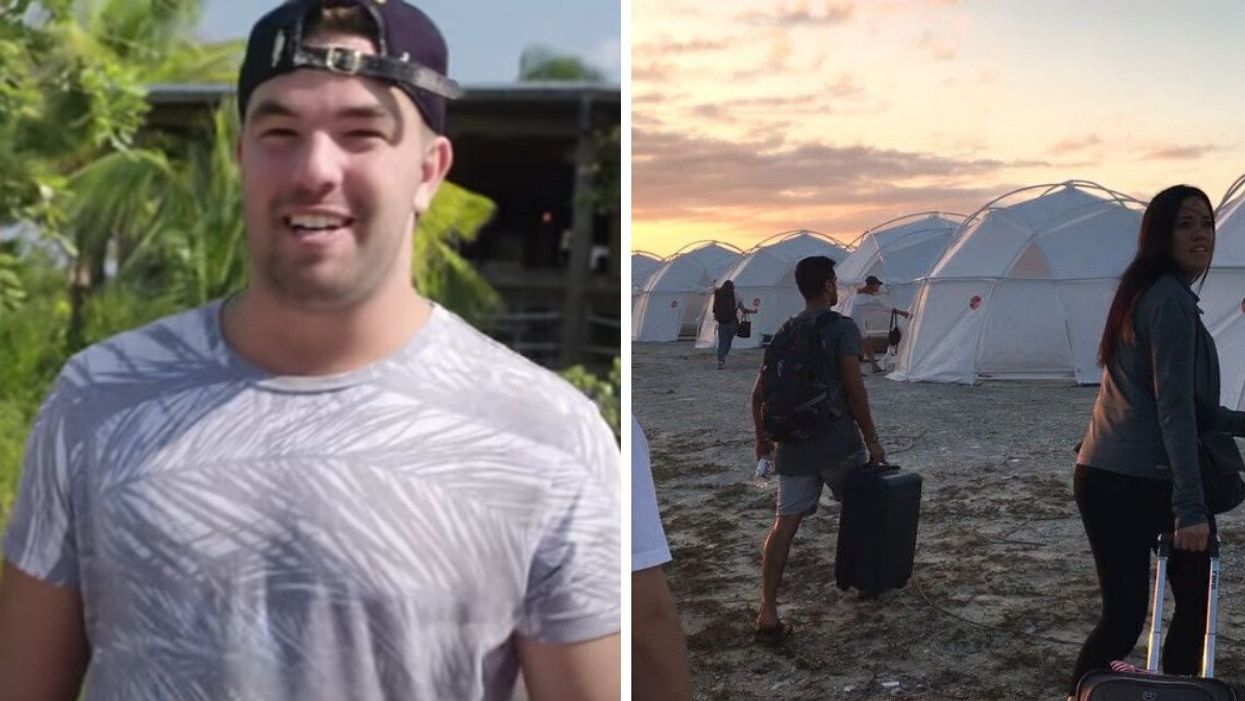 Billy McFarland. Right: People arriving at the first Fyre Festival.