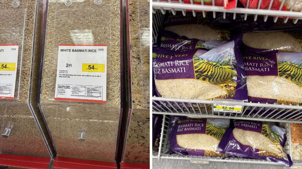 bin of Basmati rice at Bulk Barn. Right: bags of Basmati rice at Dollarama.