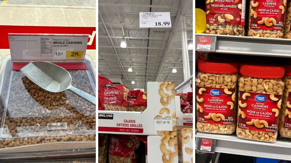bin of Cashews at Bulk Barn. Centre: bags of Kirkland Signature cashews at Costco. Right: tubs of Great Value cashews at Walmart.