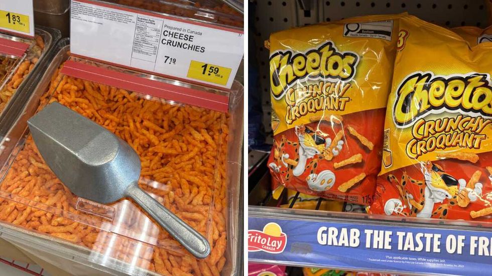 bin of Cheese crunchies at Bulk Barn. Right: bags of Cheetos Crunchy at Dollarama.