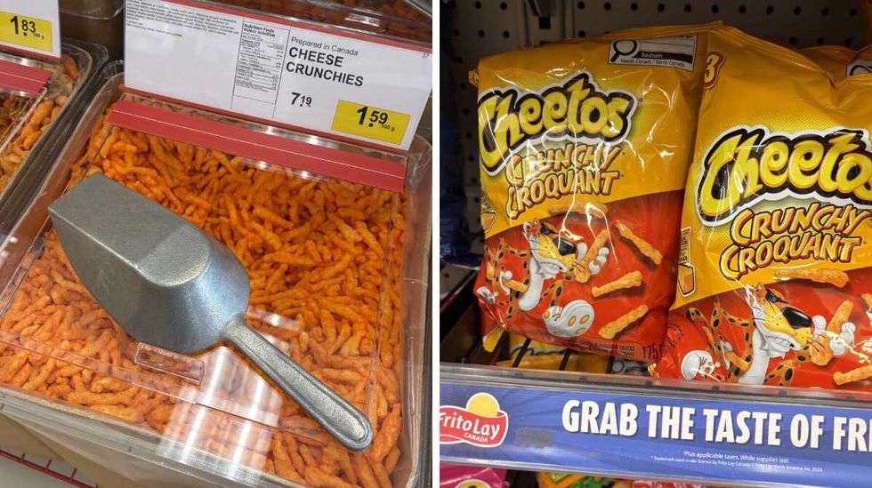 bin of Cheese crunchies \u200bat Bulk Barn. Right: bags of Cheetos Crunchy at Dollarama.