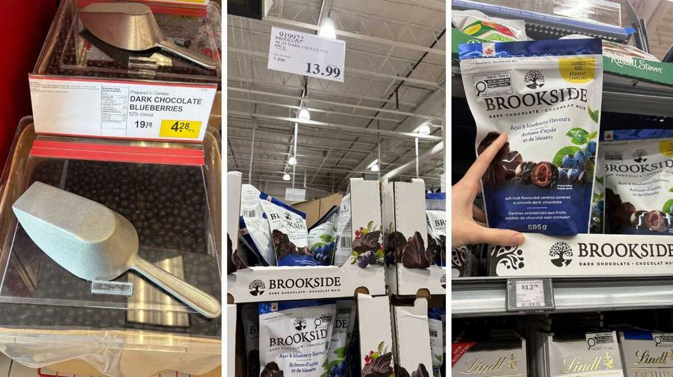 bin of chocolate-covered blueberries at Bulk Barn. Centre: Brookside chocolate-covered acai and blueberries at Costco. Right: person holding bag of Brookside chocolate-covered acai and blueberries at Walmart.
