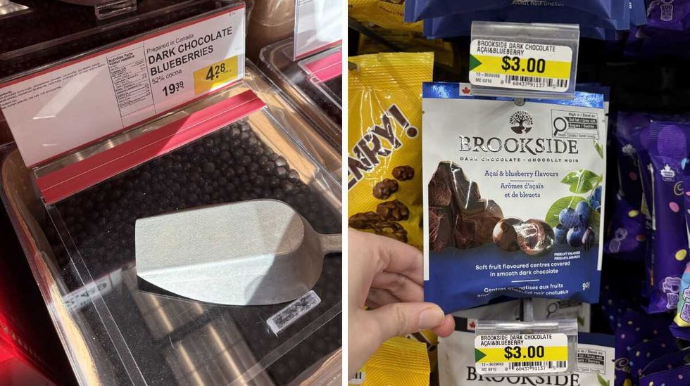 bin of Chocolate-covered blueberries at Bulk Barn. Right: person holding bag of Brookside chocolate-covered acai and blueberries at Dollarama.