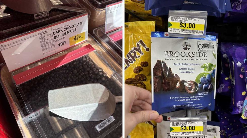 bin of Chocolate-covered blueberries \u200bat Bulk Barn. Right: person holding bag of Brookside chocolate-covered blueberries and acai at Dollarama.