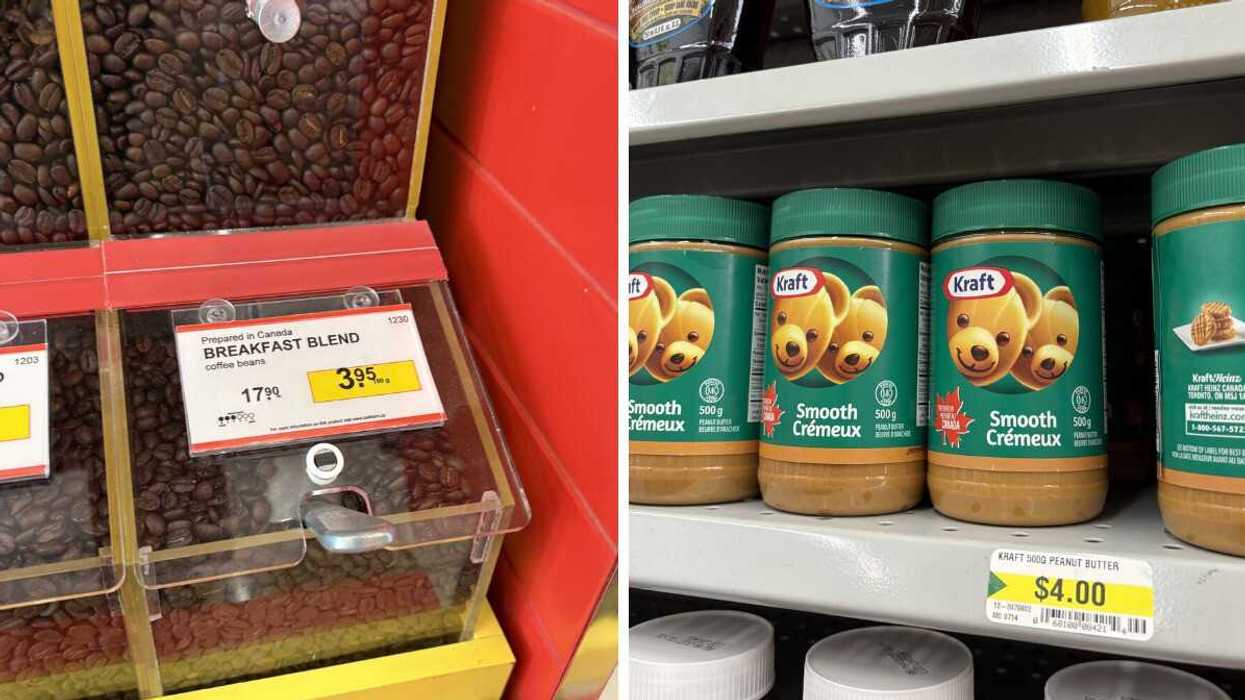 bin of coffee beans at Bulk Barn. Right: jars or kraft peanut butter on shelf at Dollarama