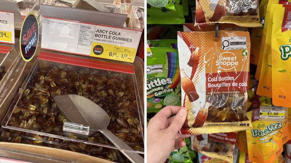 bin of Cola bottle gummies at Bulk Barn. Right: person holding bag of Cola bottle gummies at Dollarama.
