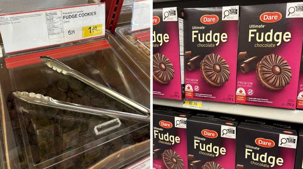bin of Dare fudge cookies at Bulk Barn. Right: boxes of Dare fudge cookies at Dollarama.