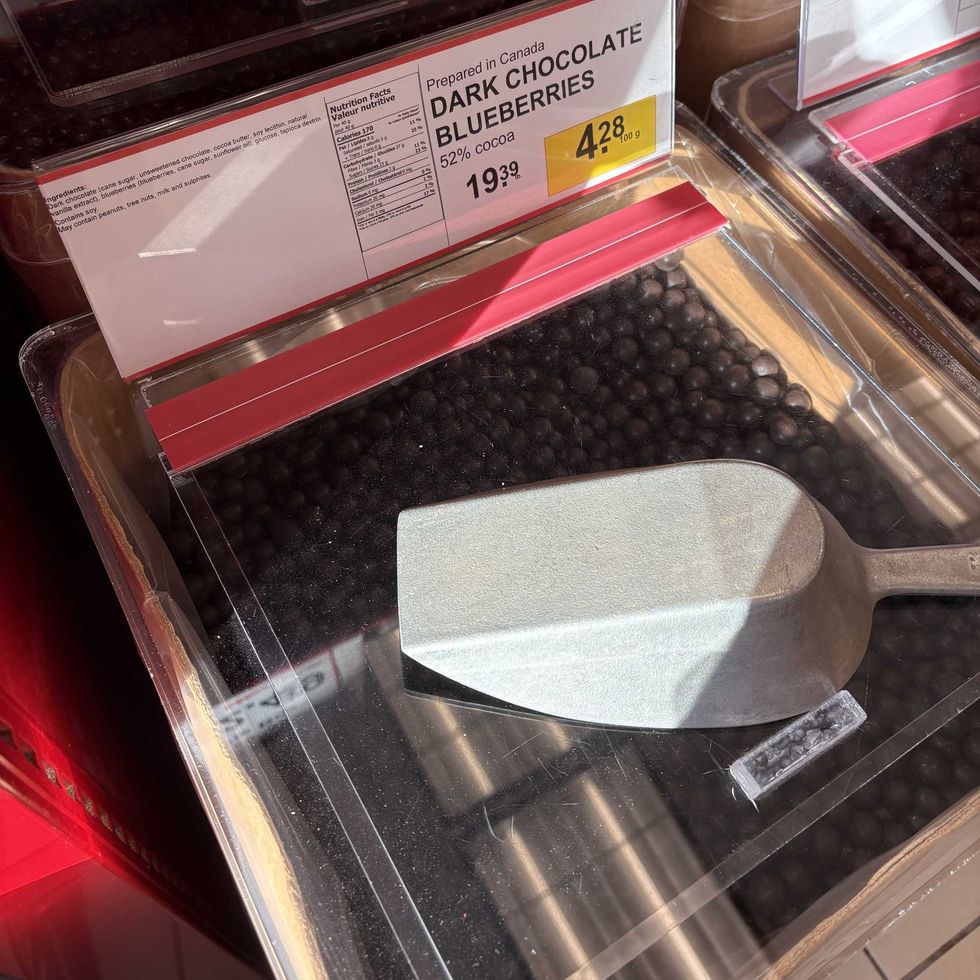 bin of Dark chocolate-covered blueberries at Bulk Barn