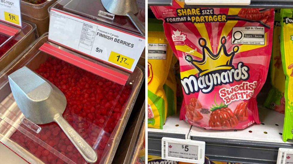 bin of Finnish berries at Bulk Barn. Right: bag of Swedish Berries at Loblaws.