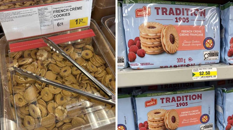 bin of French creme cookies at Bulk Barn. Right: packs of French creme cookies at Dollarama.