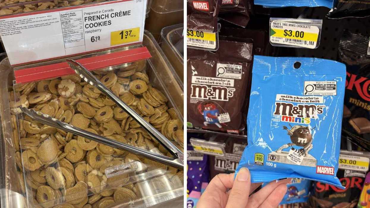 bin of french creme cookies at bulk barn. right: person holding bag of m&m's minis at dollarama