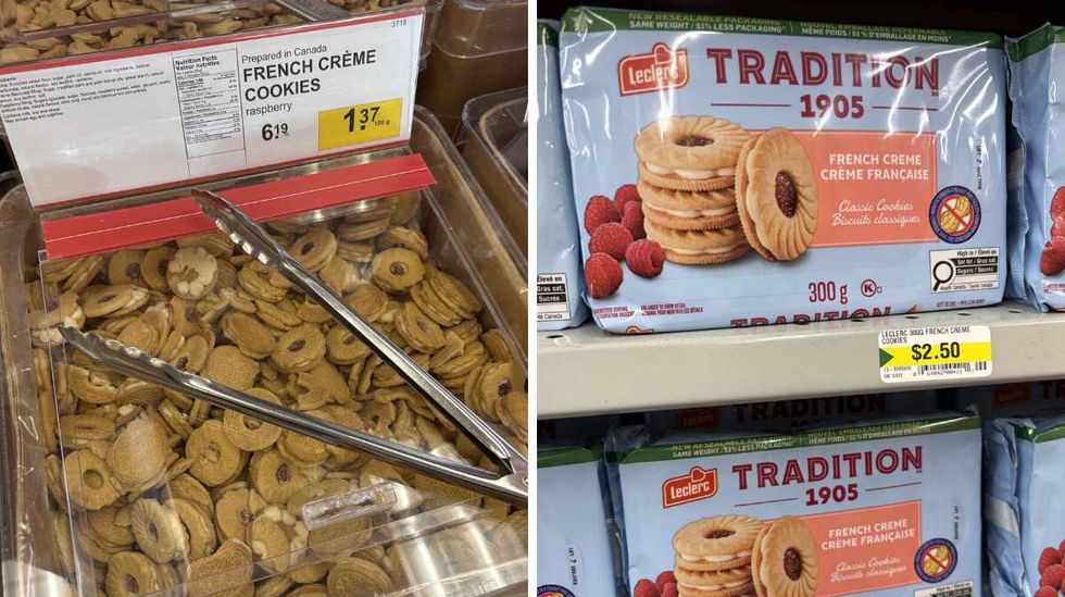 bin of French creme cookies \u200bat Bulk Barn. Right: packs of French creme cookies at Dollarama.