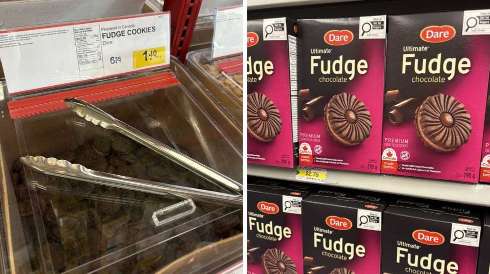 bin of Fudge cookies at Bulk Barn. Right: boxes of Fudge cookies at Dollarama.