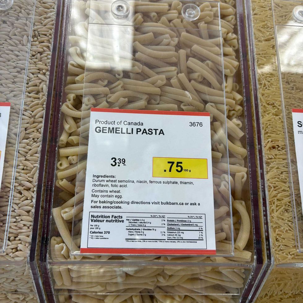 bin of Gemelli pasta at Bulk Barn