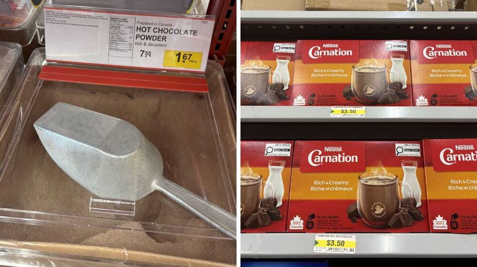 bin of Hot chocolate powder at Bulk Barn. Right: boxes of Carnation hot chocolate powder at Dollarama.