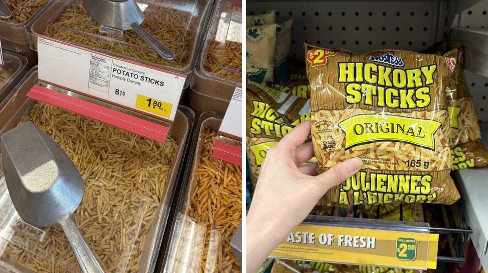 bin of Humpty Dumpty potato sticks at Bulk Barn. Right: person holding bag of Hickory Sticks at Dollarama.