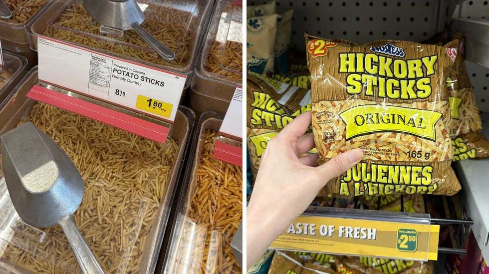 bin of Humpty Dumpty potato sticks \u200bat Bulk Barn. Right: person holding bag of Hickory Sticks at Dollarama.