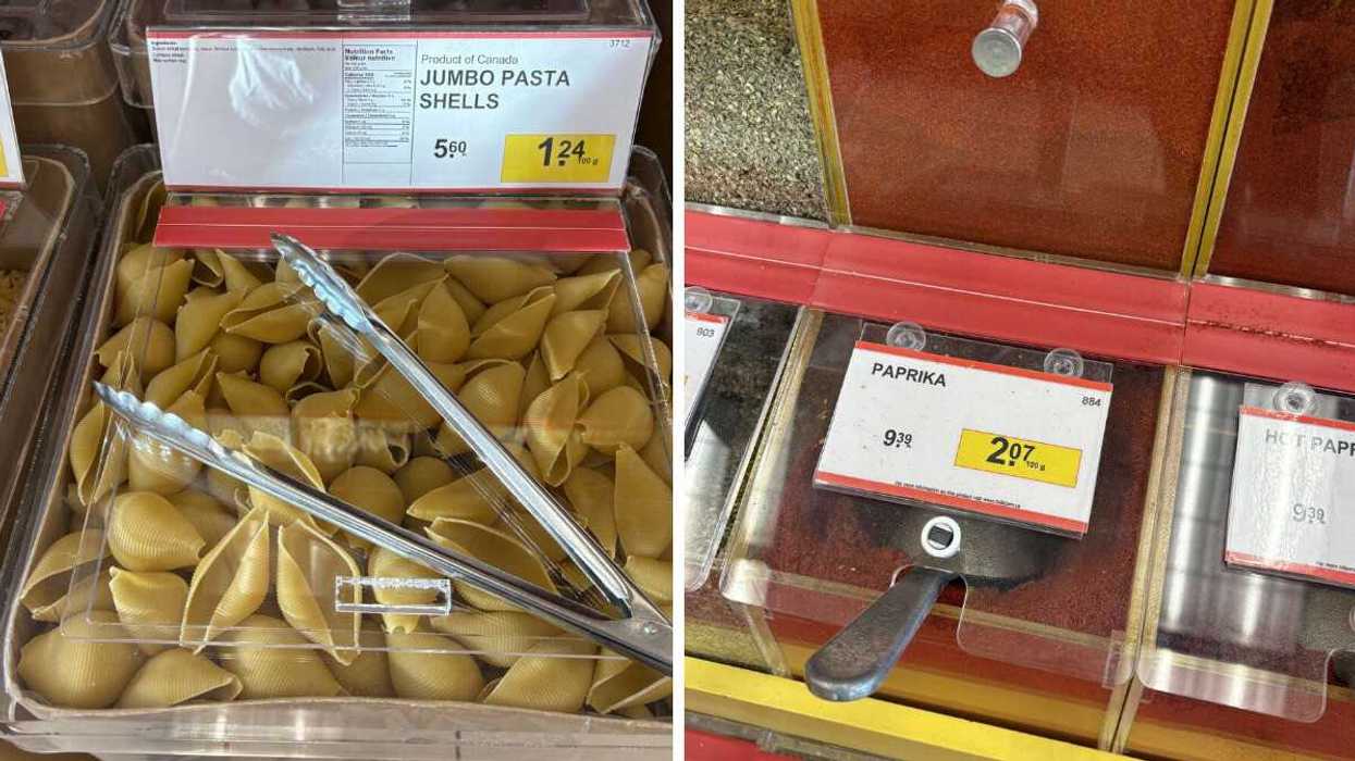 bin of jumbo pasta shells at bulk barn. right: bin of paprika at bulk barn