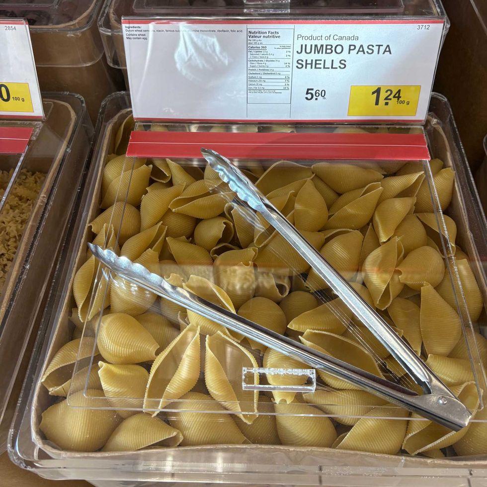 bin of Jumbo pasta shells at Bulk Barn