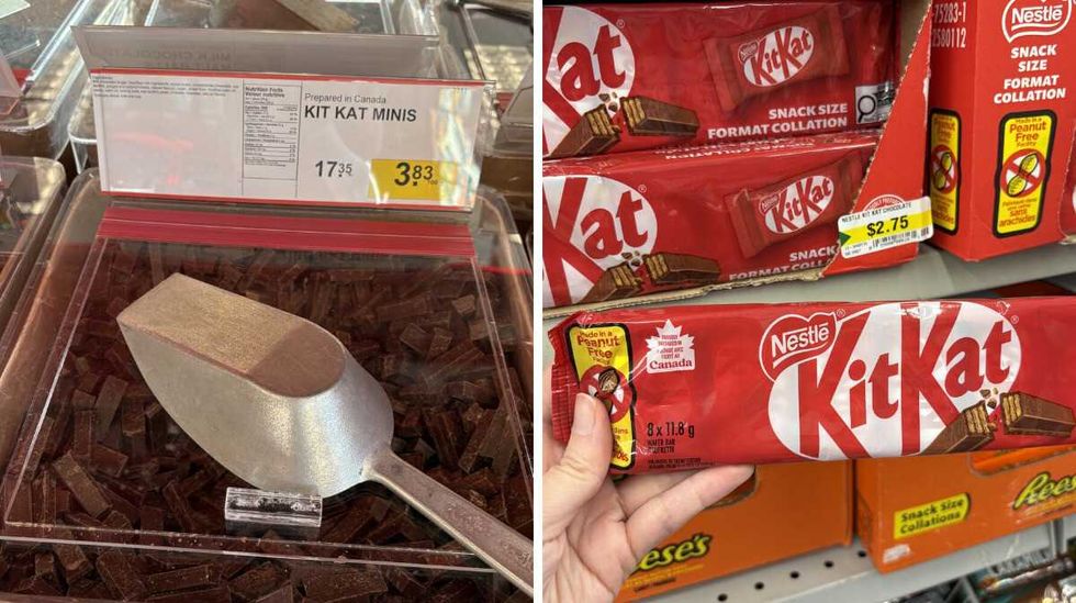bin of KitKat minis at Bulk Barn. Right: person holding pack of Mini KitKat bars at Dollarama.