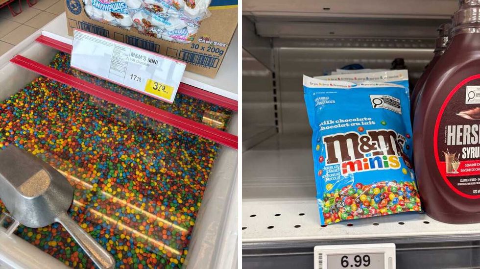 bin of M&M's Minis at Bulk Barn. Right: bag of M&M's Minis at Loblaws.