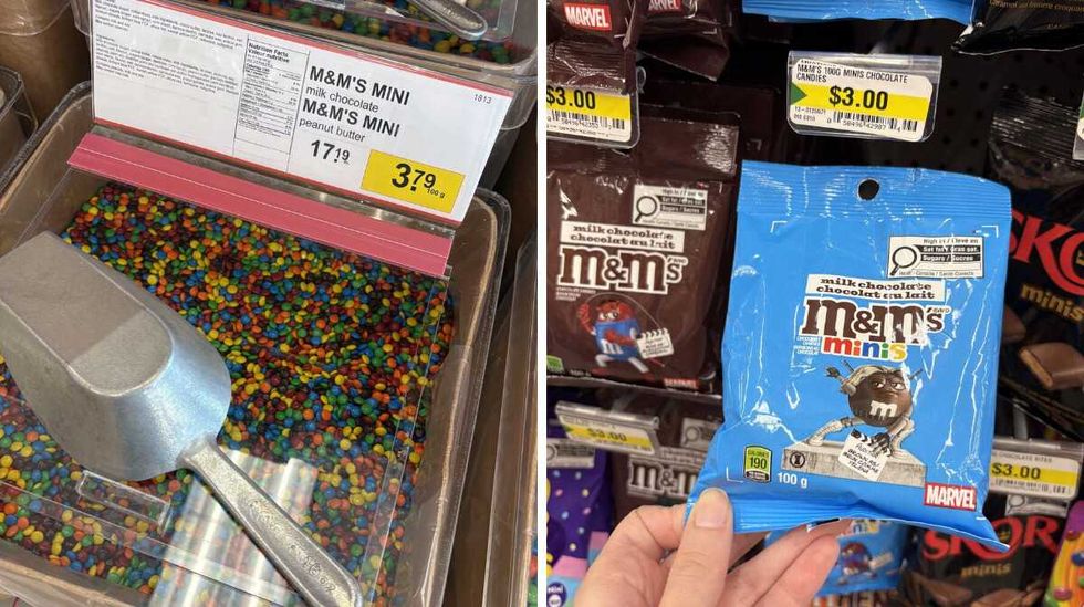 bin of M&M's Minis at Bulk Barn. Right: person holding bag of M&M's Minis at Dollarama.