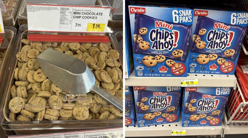 bin of Mini chocolate chip cookies at Bulk Barn. Right: boxes of Chips Ahoy mini chocolate chip cookies at Dollarama.