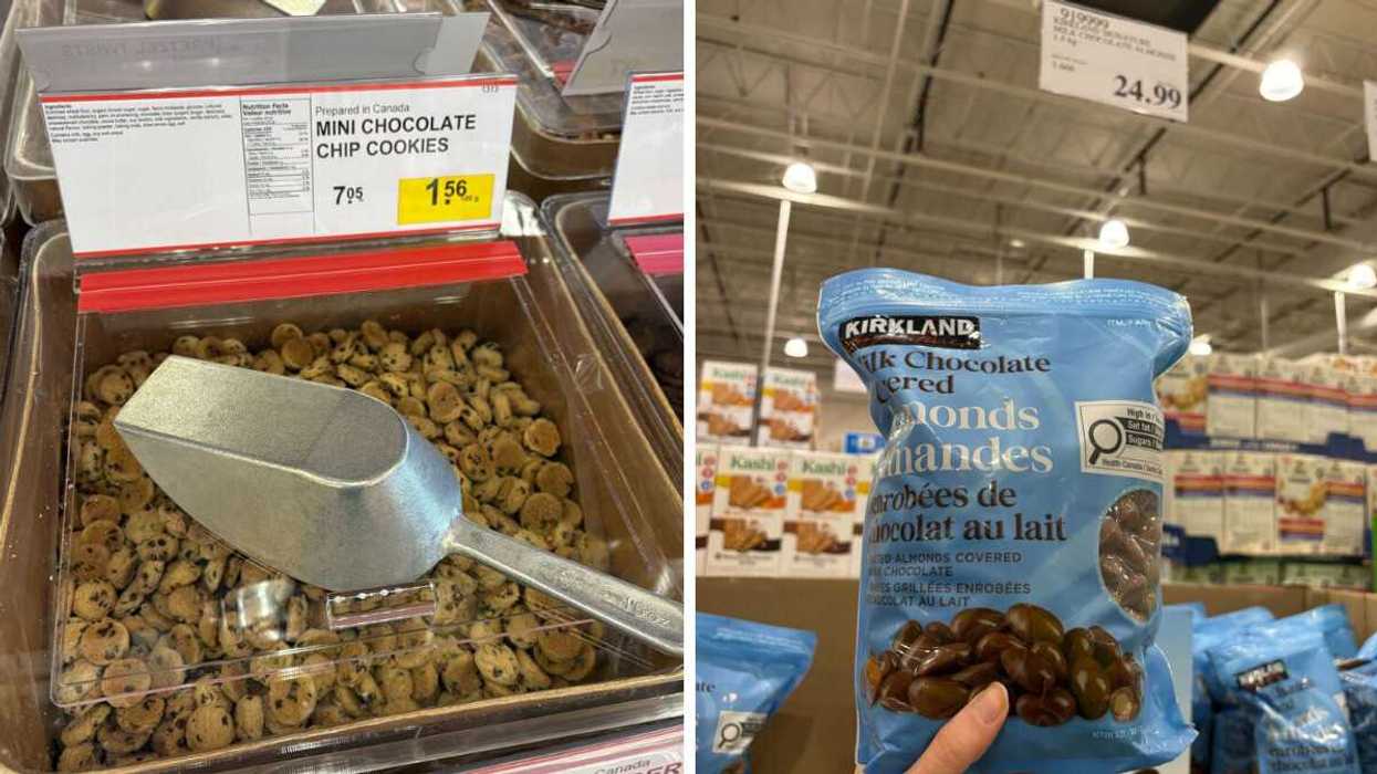 bin of mini chocolate chip cookies with scoop on top at bulk barn. right: person holding bag of kirkland signature chocolate covered almonds at costco