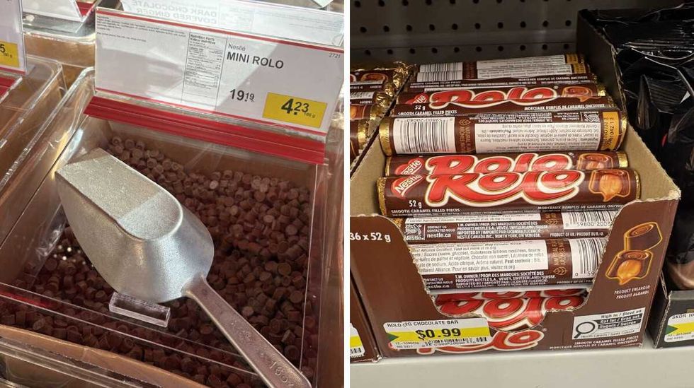 bin of Mini Rolo at Bulk Barn. Right: packs of Rolo at Dollarama.