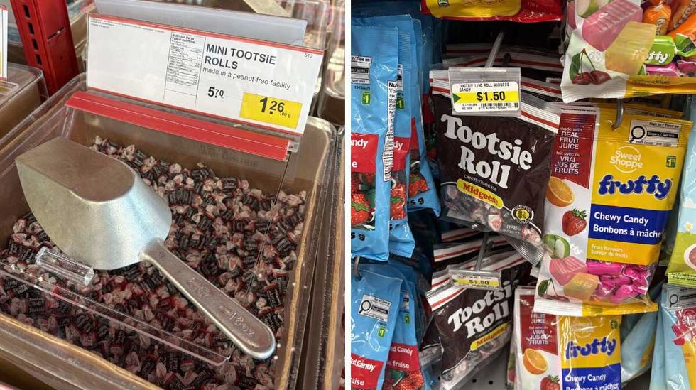bin of Mini Tootsie Rolls at Bulk Barn. Right: bags of Mini Tootsie Rolls at Dollarama.