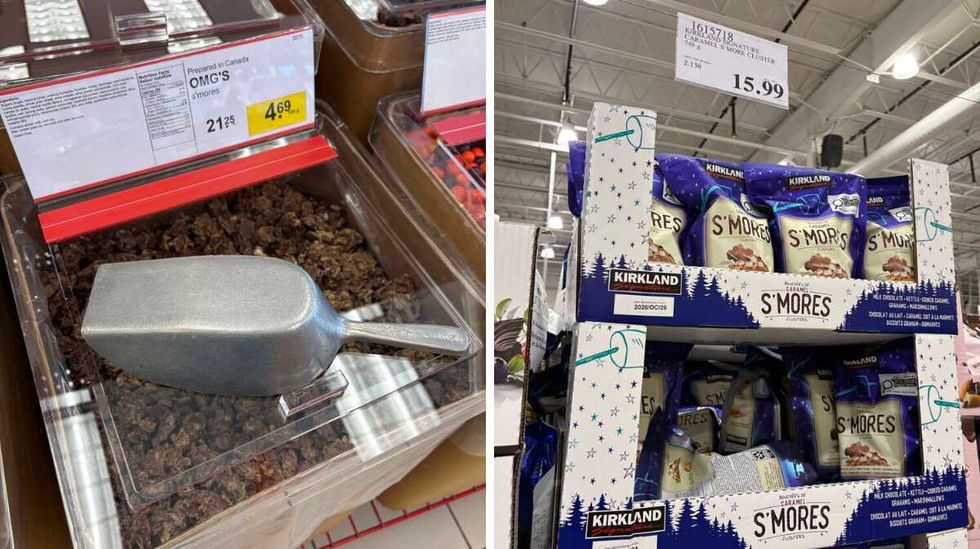 bin of OMG's s'mores clusters at Bulk Barn. Right: bags of Kirkland Signature s'mores clusters at Costco.
