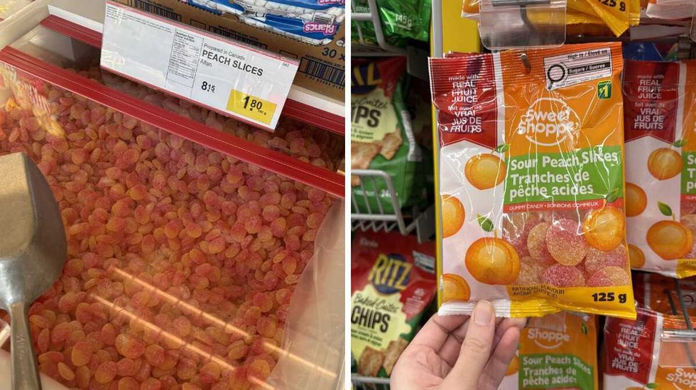 bin of Peach slice candies at Bulk Barn. Right: person holding bag of Peach slice candies at Dollarama.