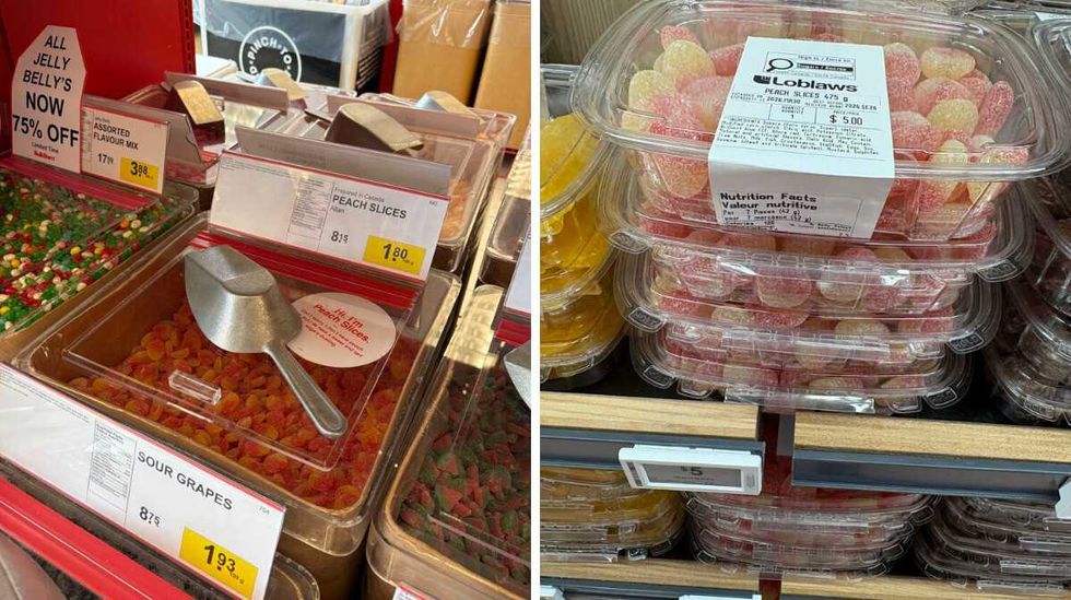 bin of Peach slices at Bulk Barn. Right: packs of Peach slices at Loblaws.