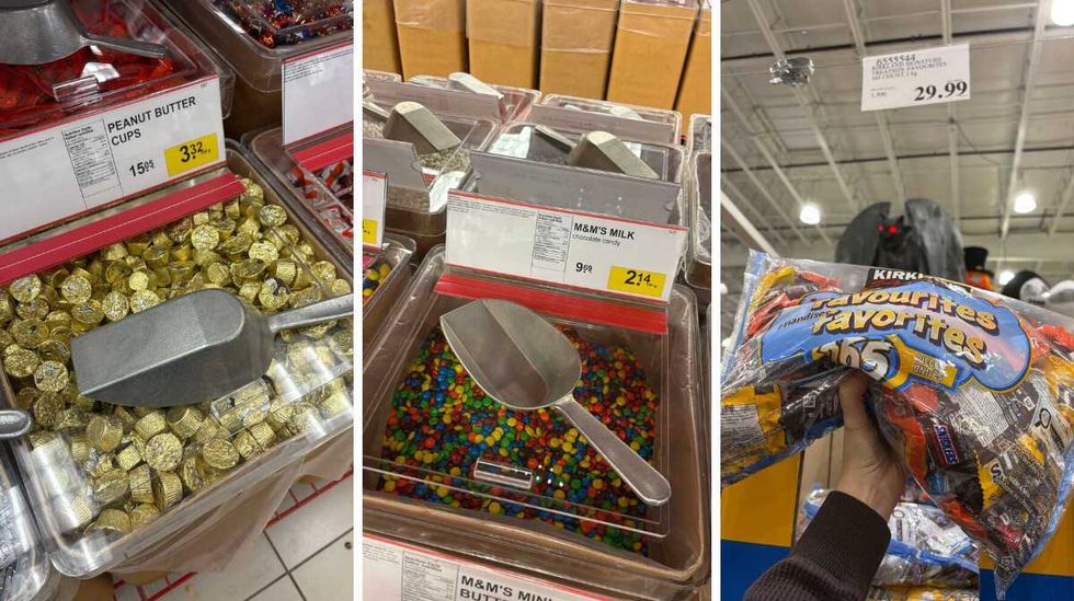bin of Peanut butter cups at Bulk Barn. Centre: bin of M&M's at Bulk Barn. Right: person holding bag of Kirkland Signature Treatsize Favourites chocolates at Costco