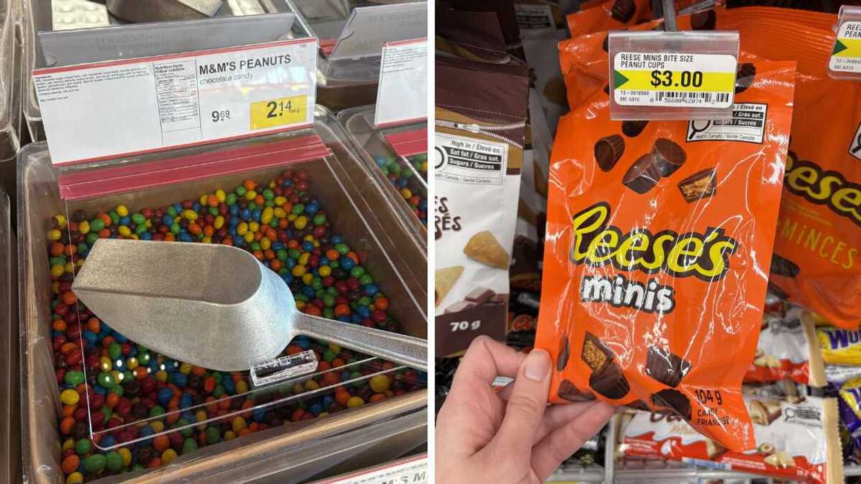 bin of peanut m&m's at bulk barn. right: person holding bag of reese's minis at dollarama