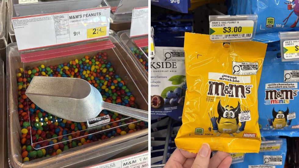 bin of Peanut M&M's \u200bat Bulk Barn. Right: person holding bag of Peanut M&M's at Dollarama.