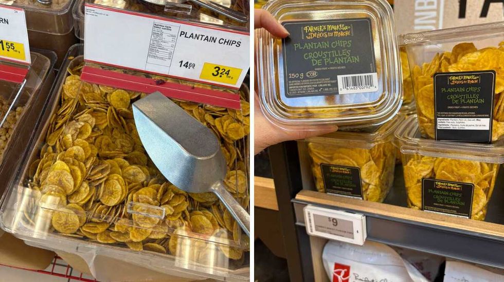 bin of Plantain chips at Bulk Barn. Right: pack of Plantain chips at Loblaws.