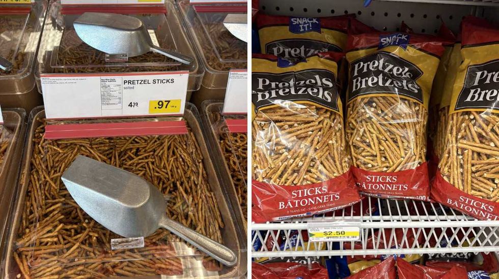 bin of Pretzel sticks at Bulk Barn. Right: bags of Pretzel sticks at Dollarama.